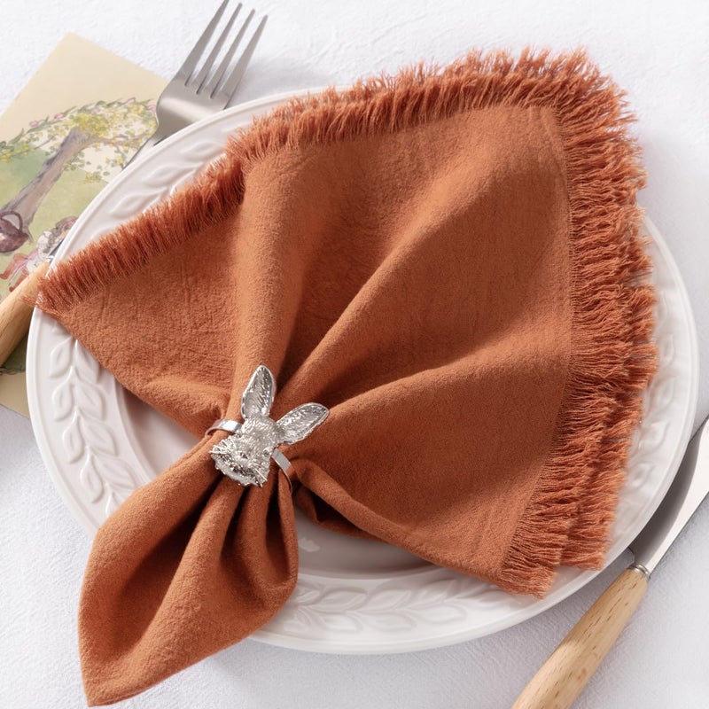 DeZerlor 12 Pack Terracotta Fall Cloth Napkins Set of 12 Thanksgiving Burnt Orange Cotton Linen Napkins with Fringe Rust Boho Handmade Dinner Table Napkins Bulk for Wedding Baby Shower, 17 x 17 Inches - Image 1